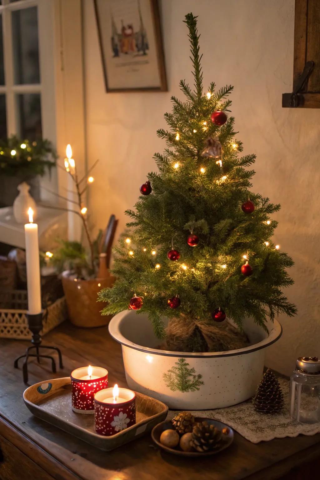 A nostalgic tabletop tree nestled in a vintage enamelware basin.