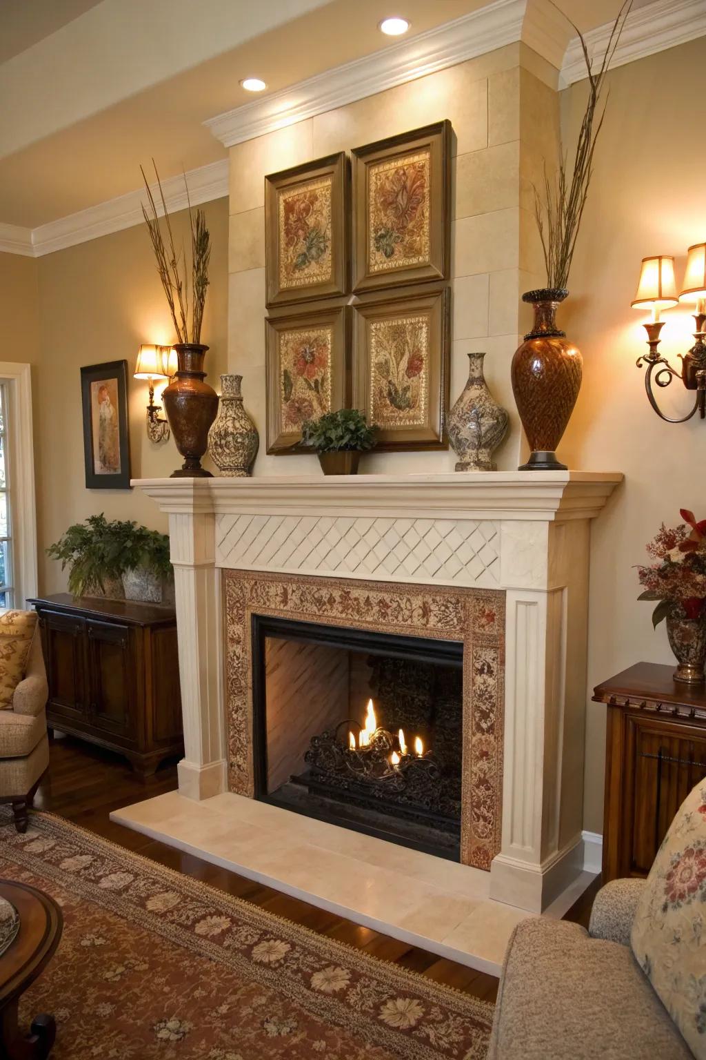 Decorative elements add a personal touch to a tall fireplace wall.