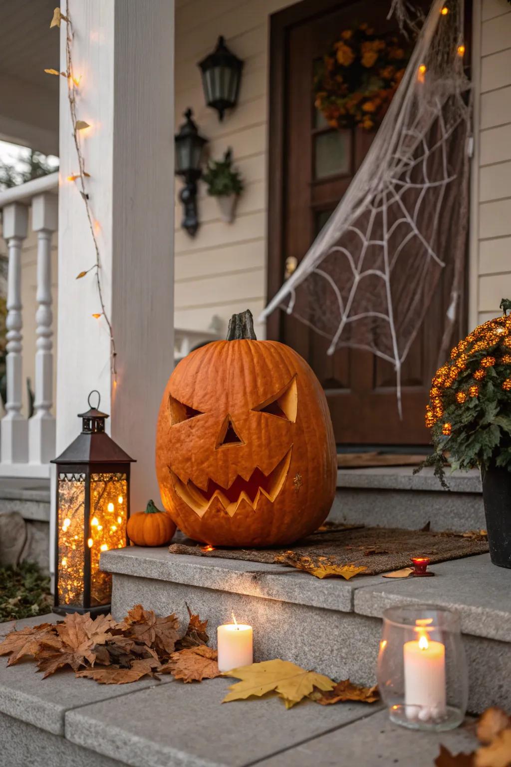 A ghoulish grin is a timeless option for a spooky yet inviting pumpkin face.
