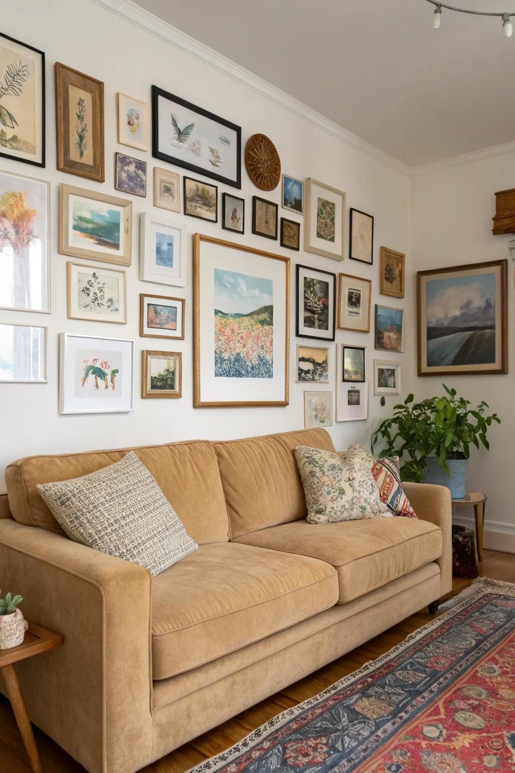 Wall art personalizes the area and enhances the beige sofa.