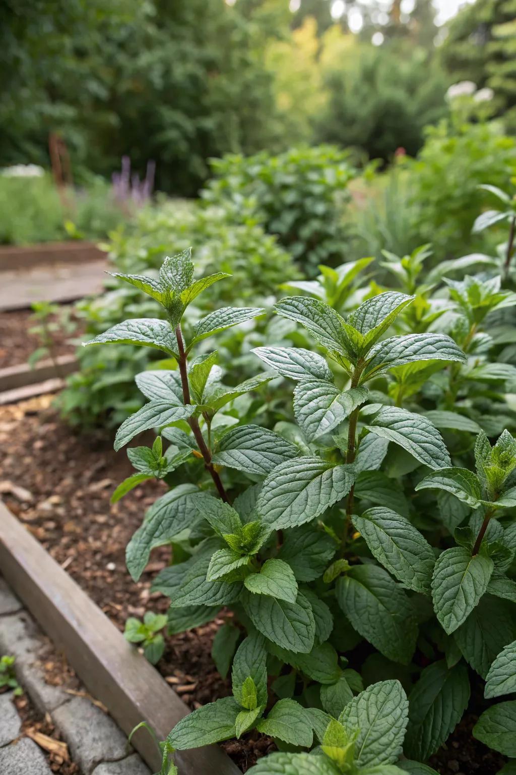 Peppermint foliage growing, able to provide a refreshing explosion into your tea.
