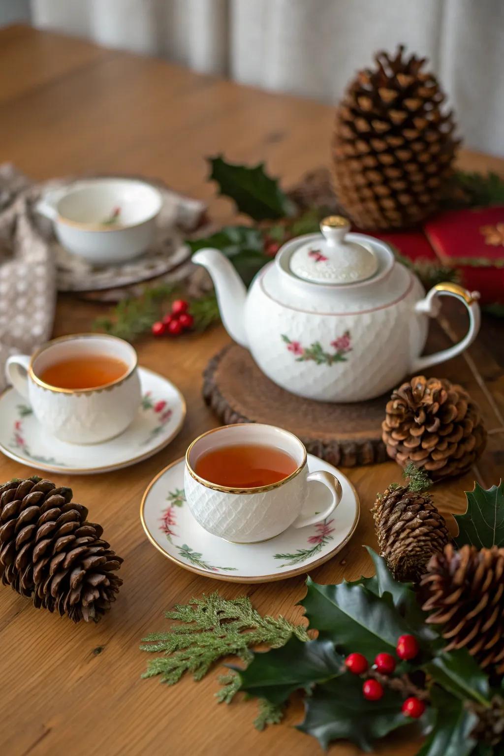 A celebratory tea set arrangement with seasonal details.