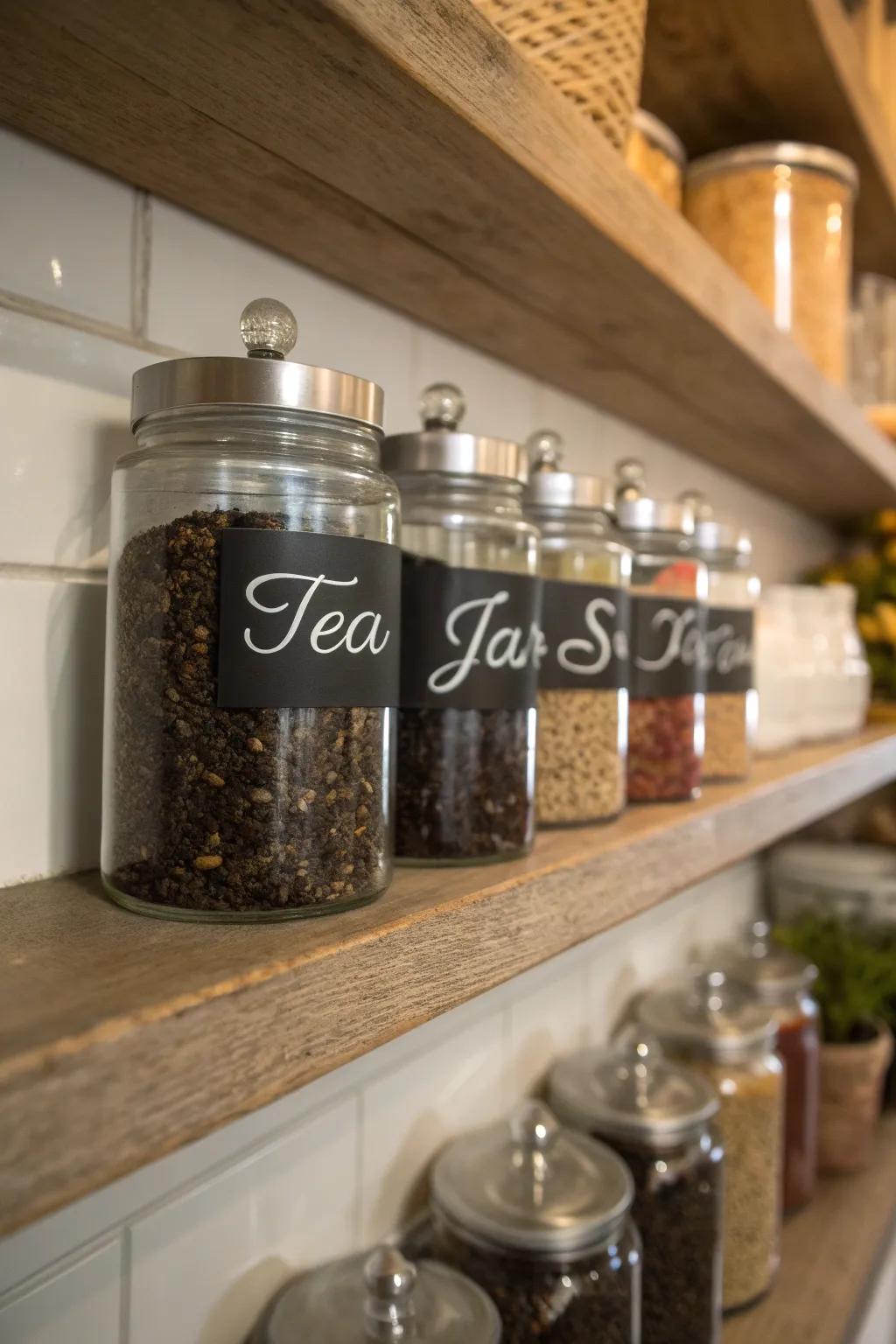 Labeled tea jars for easy recognition.