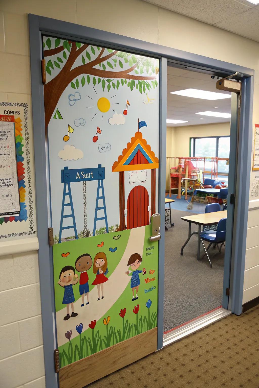 A playful playground-themed door celebrates joyous learning.