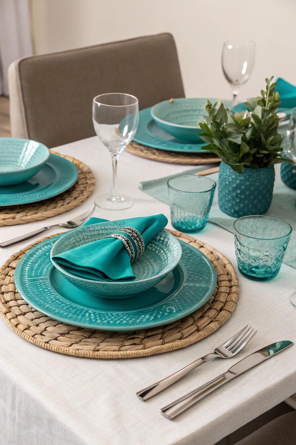 Teal serving-ware offers a subtle hint of elegance