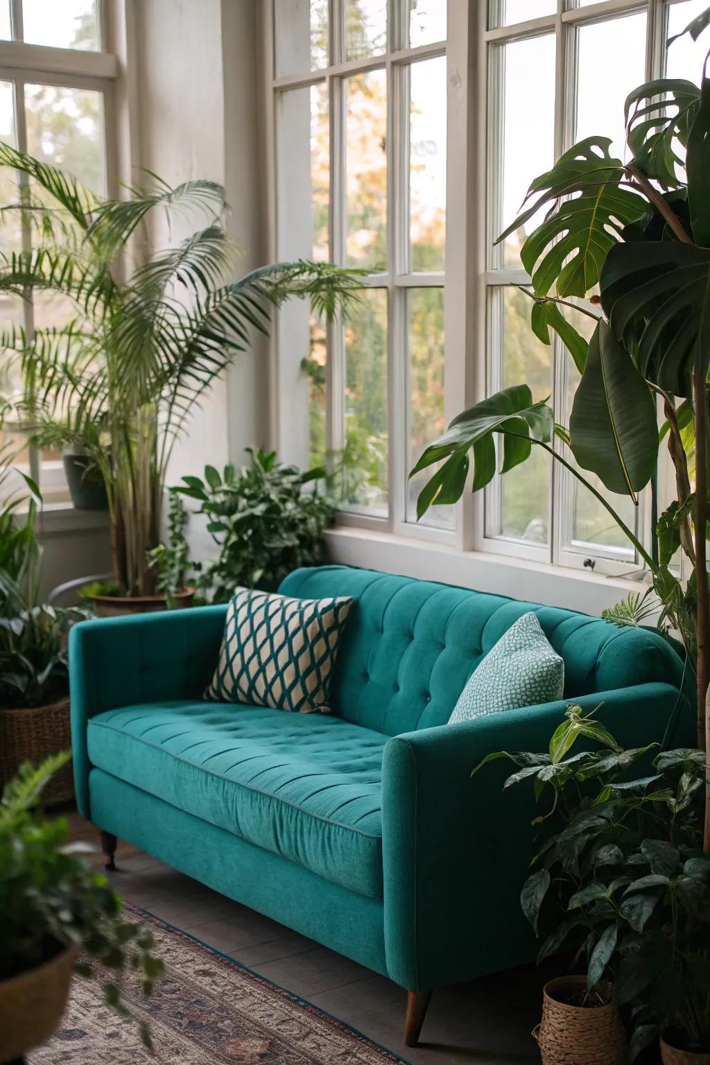 Lush greenery heightens the freshness of a cerulean sofa.