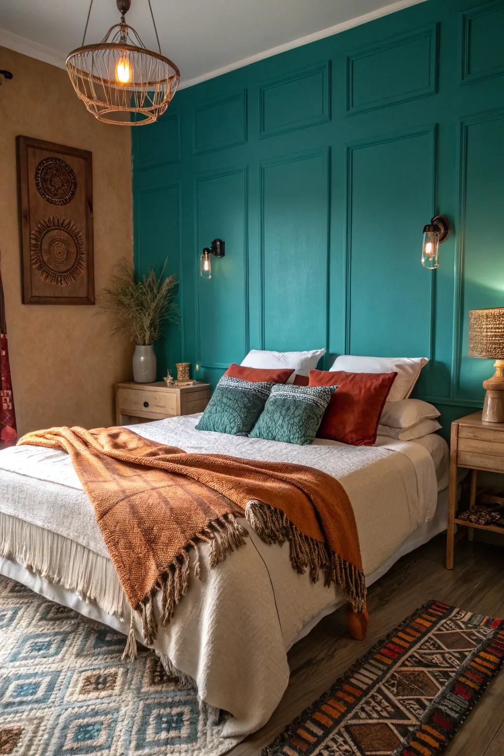 Cozy bedroom with an aqua accent wall and inviting textiles.
