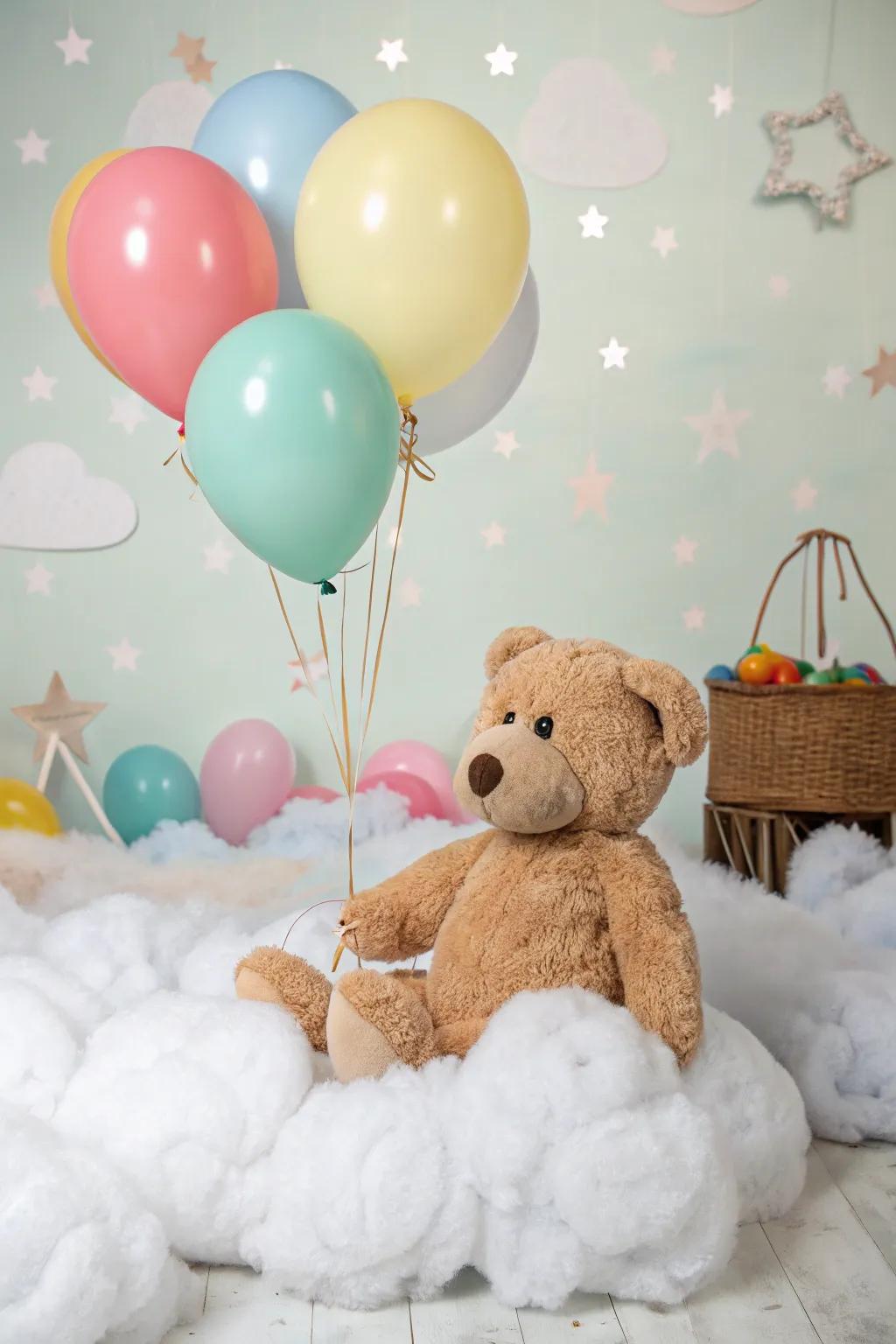 A dreamy fluffy cloud and air-filled spheres arrangement for a plush companion centerpiece.