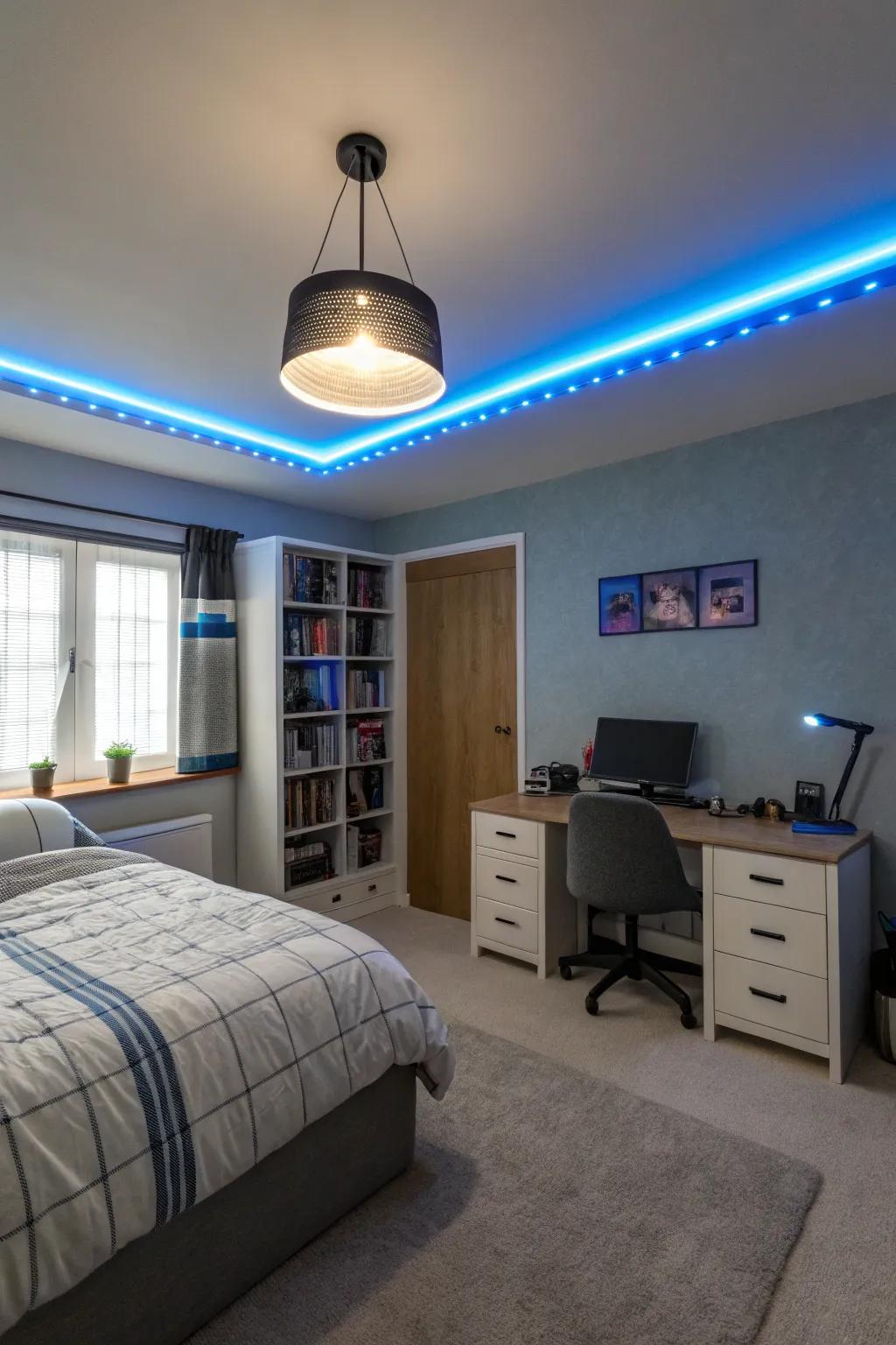 A teen boy's room featuring customizable LED lighting for a personalized ambiance.