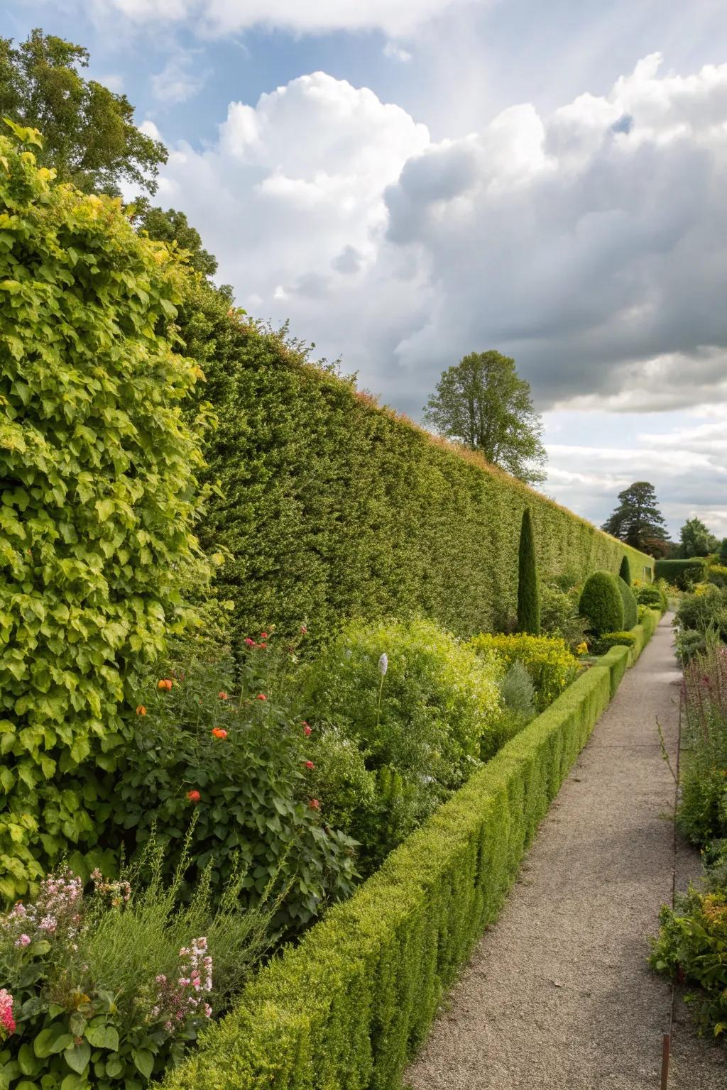 Foliage walls provide natural privacy and a stunning green setting.