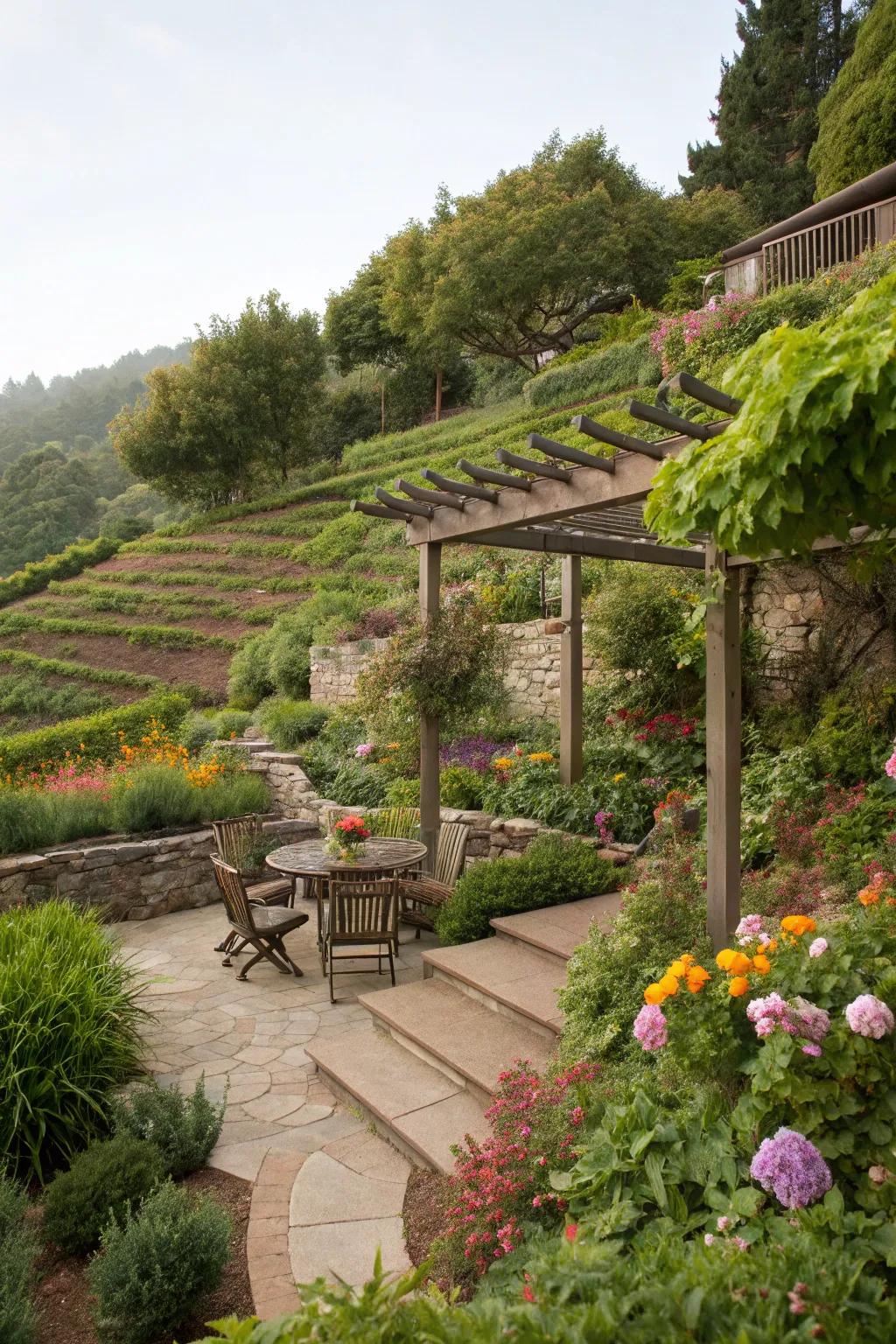 A stylish pergola in a terraced garden offering shade and enhancing the space's elegance.