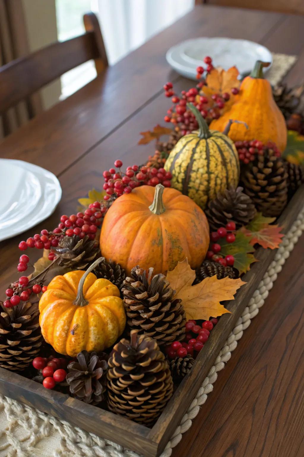 An organic centerpiece made with gourds, cones, and berries.