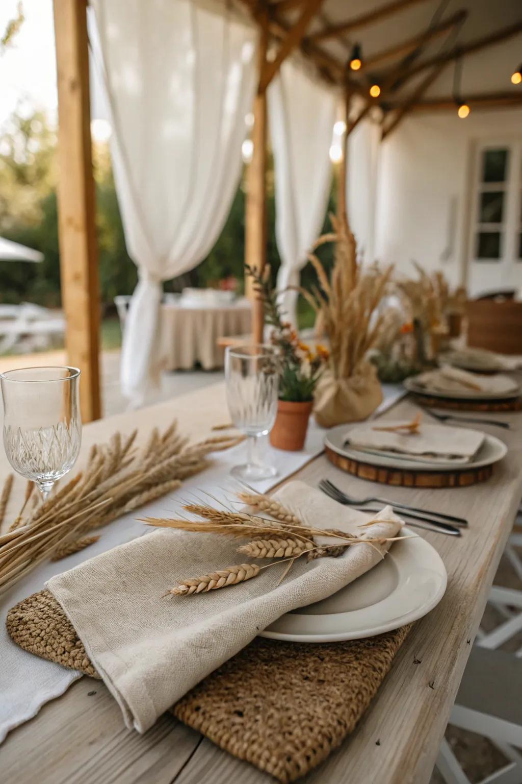 Wheat-wrapped napkins offer a rustic elegance to your dining space.