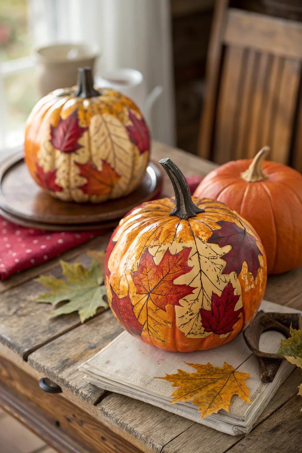 Elegant decoupage pumpkins enhanced with autumn leaves.