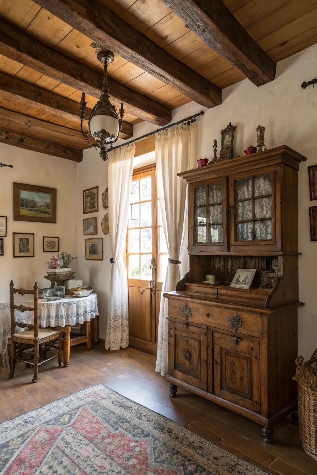 Rustic charm with wood elements and vintage touches.