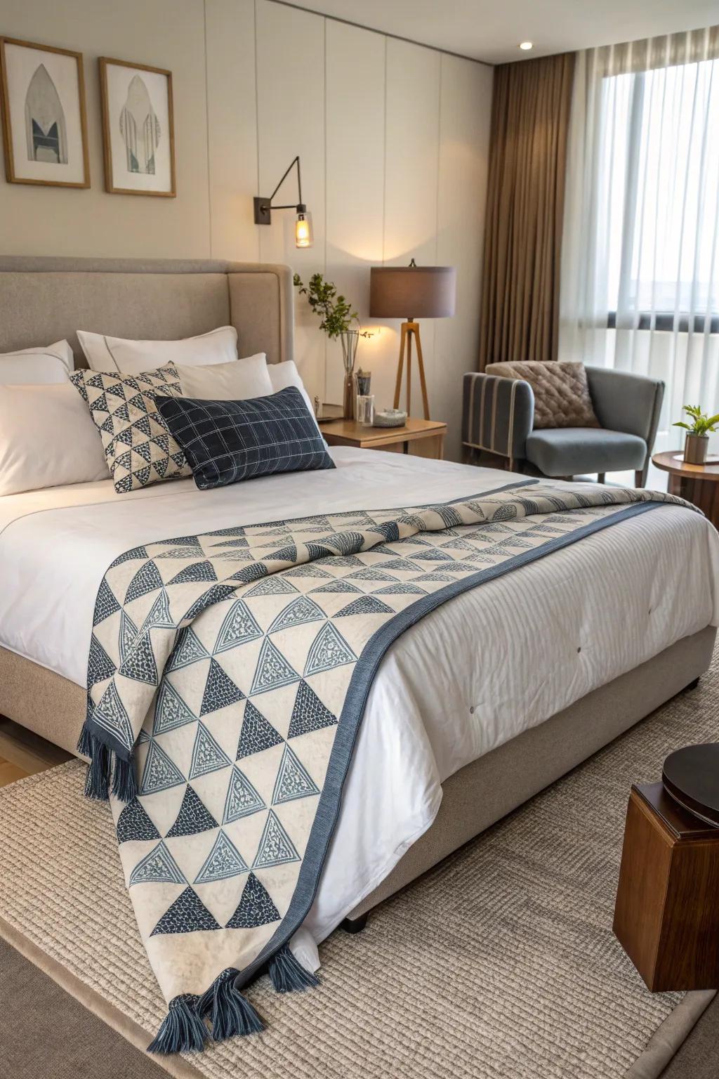 A triangle-folded throw adds a tailored and unique touch to the bed.