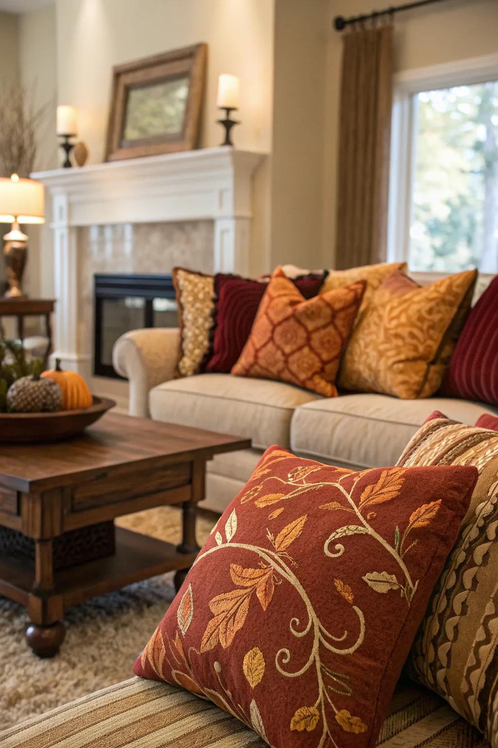 A seasonal switch featuring pillows in comfortable, autumnal colors.