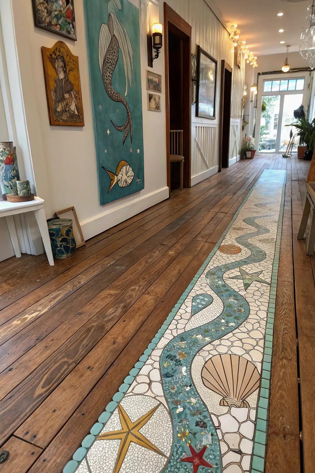 Scaled tiles fashion a whimsical flow into hardwood flooring.