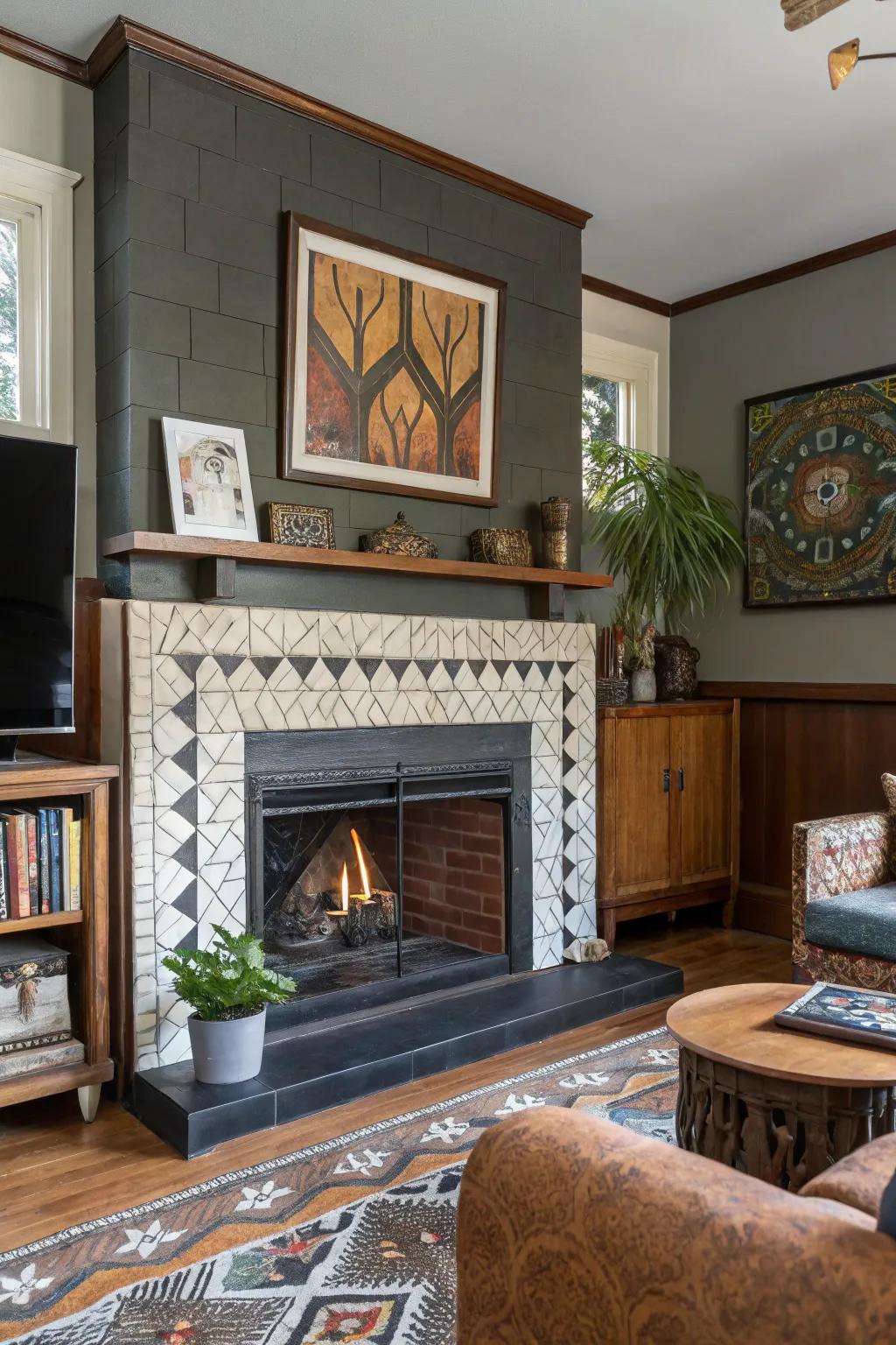 Blending textures creates a dynamic and textured fireplace design.