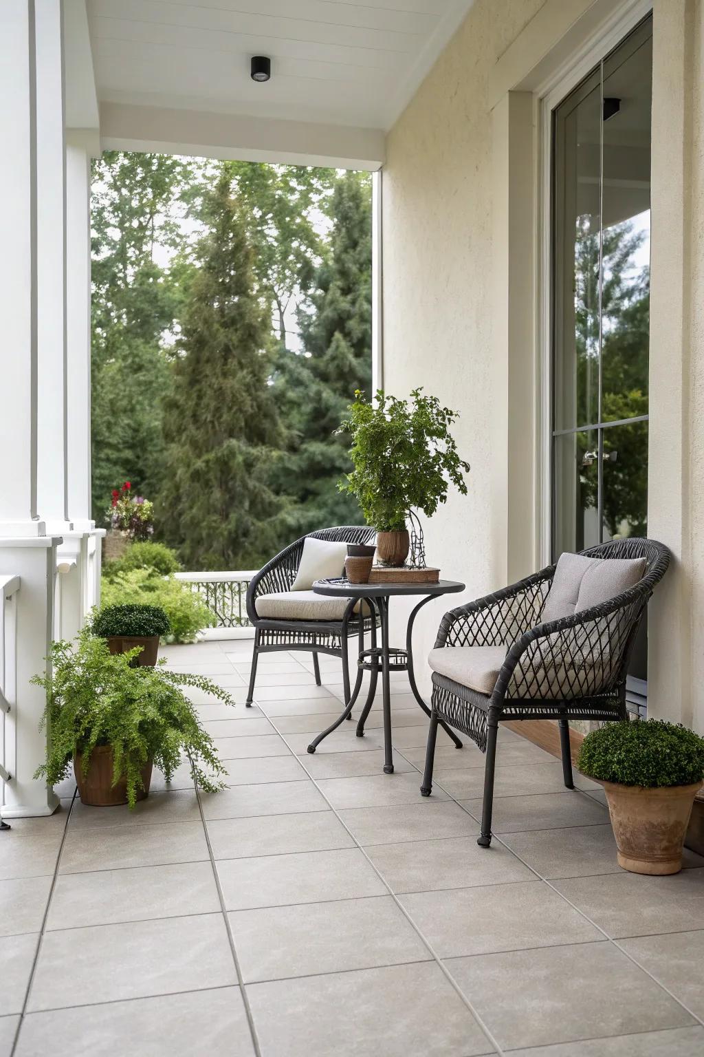 Minimalistic tiles lend a serene elegance to this porch.