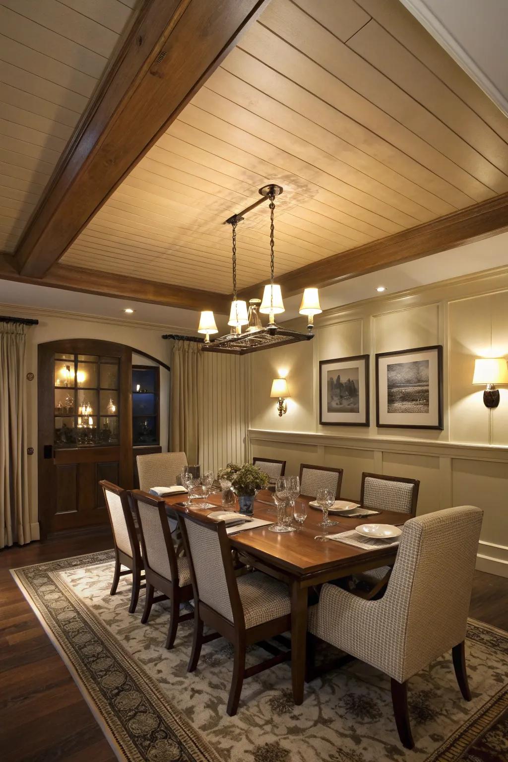 Tongue and groove ceiling adds a dramatic flair to this dining area.