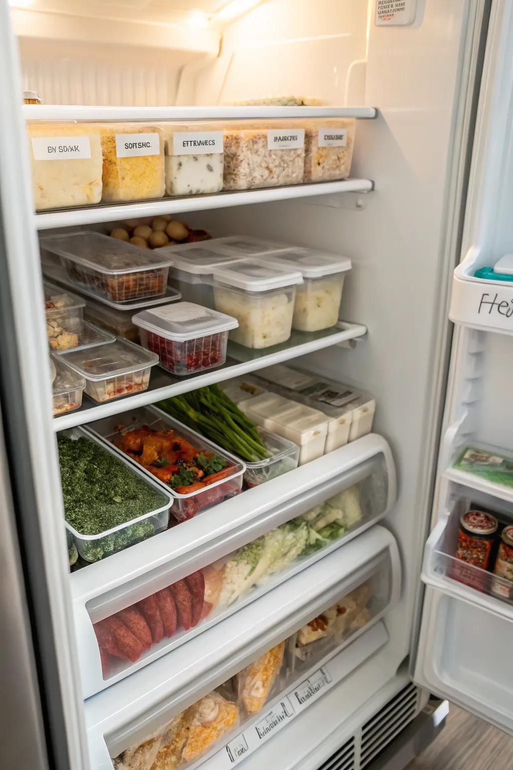 Dividers positioned within a top freezer, creating separate sections for diverse food categories.
