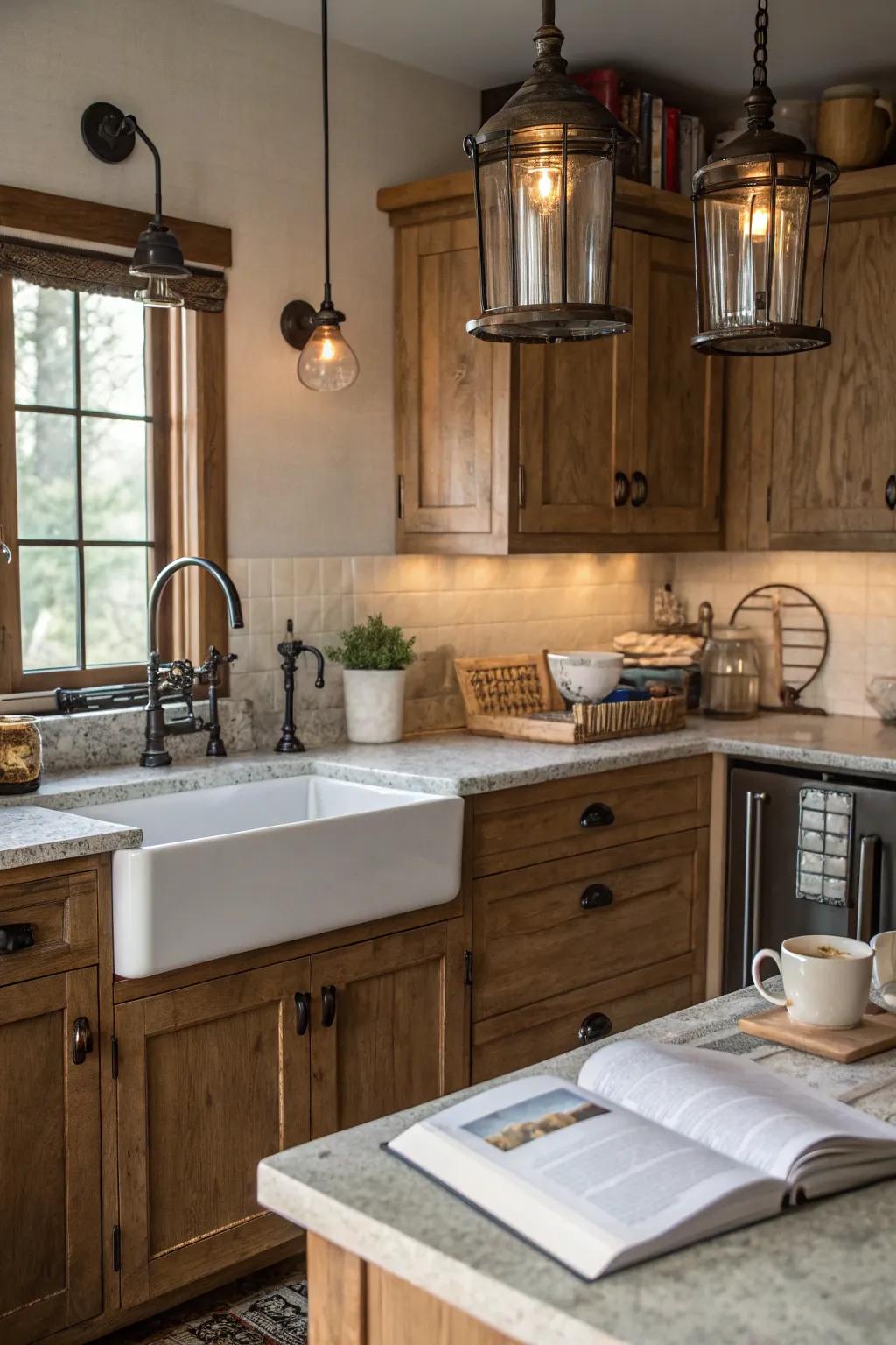Rural-style cupboards fashion a snug and nostalgic kitchen setting.