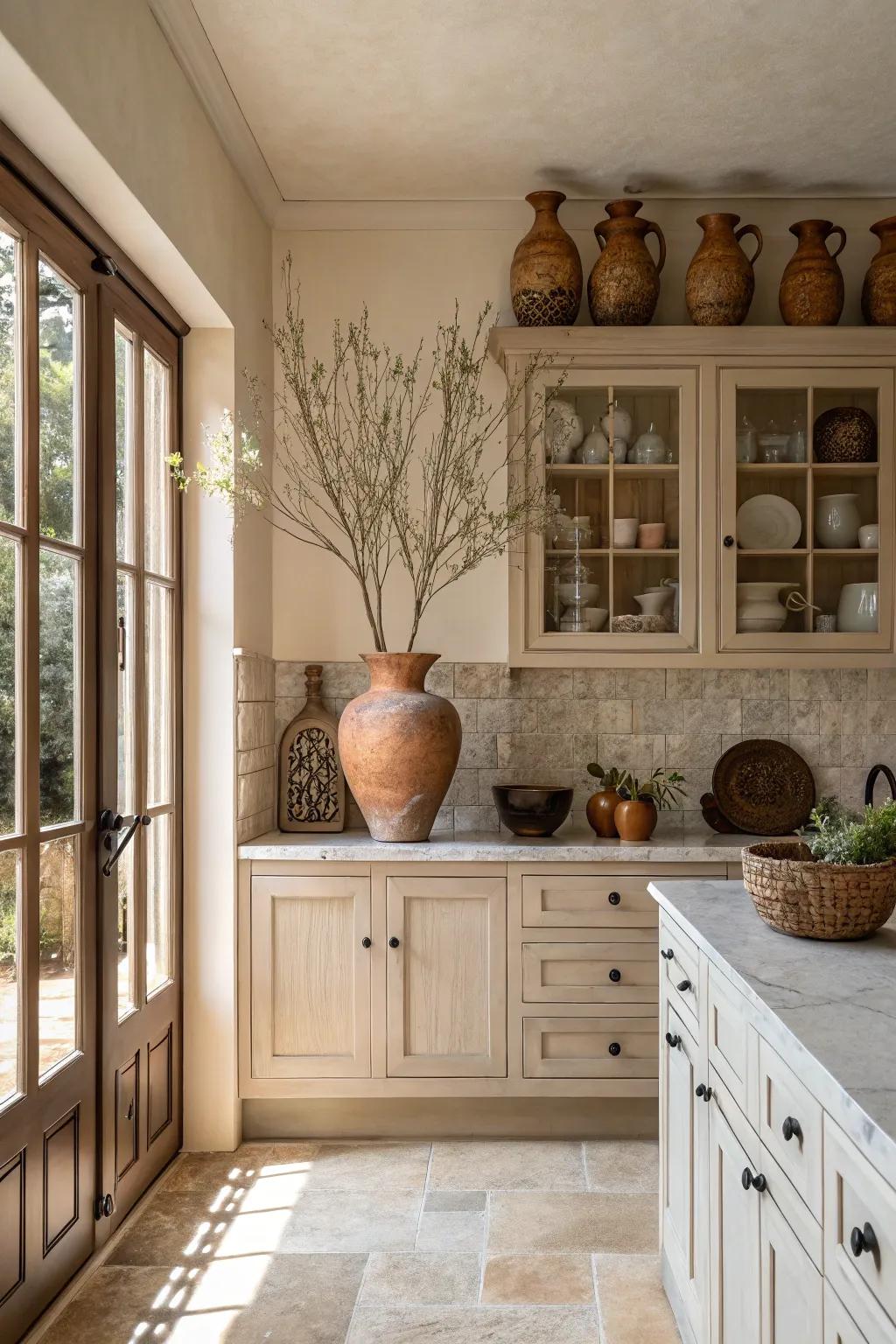 Achieve refinement through understated-toned ornamental pieces atop your cabinets.
