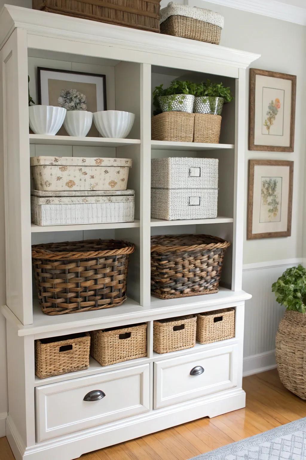 Baskets add texture and keep things organized.