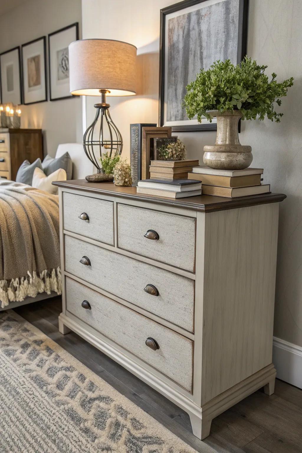 Stacked books contribute dimension and aesthetic appeal to a dresser's top.