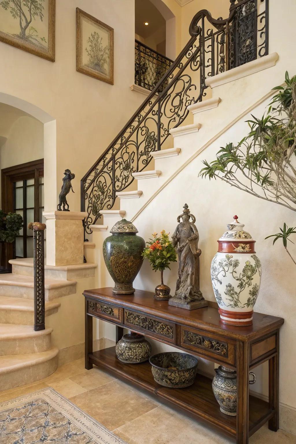 Decorative accessories add a personal touch at the top of stairs.