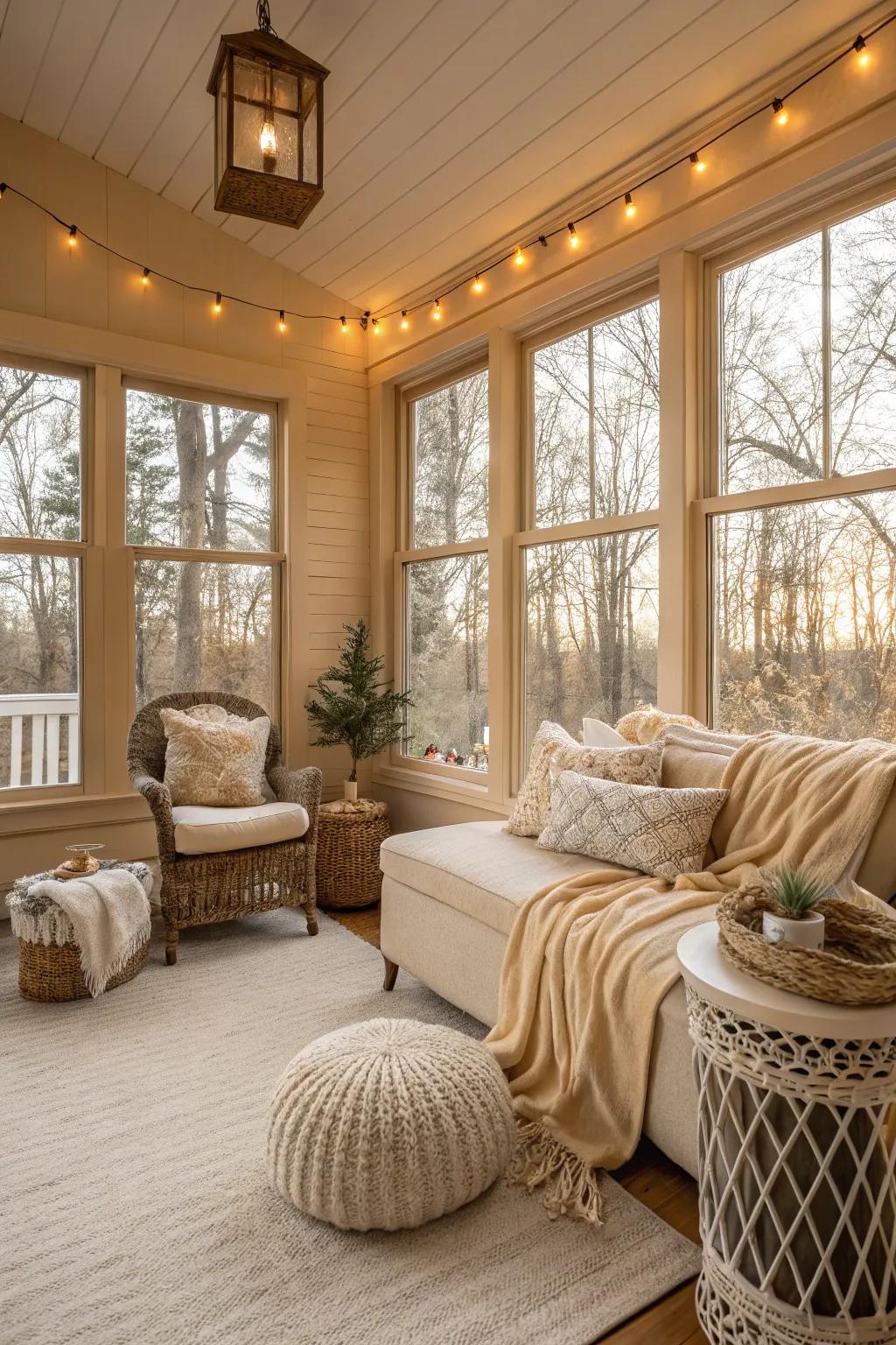 Warm beige walls crafting a comfortable and welcoming sunroom ambiance.