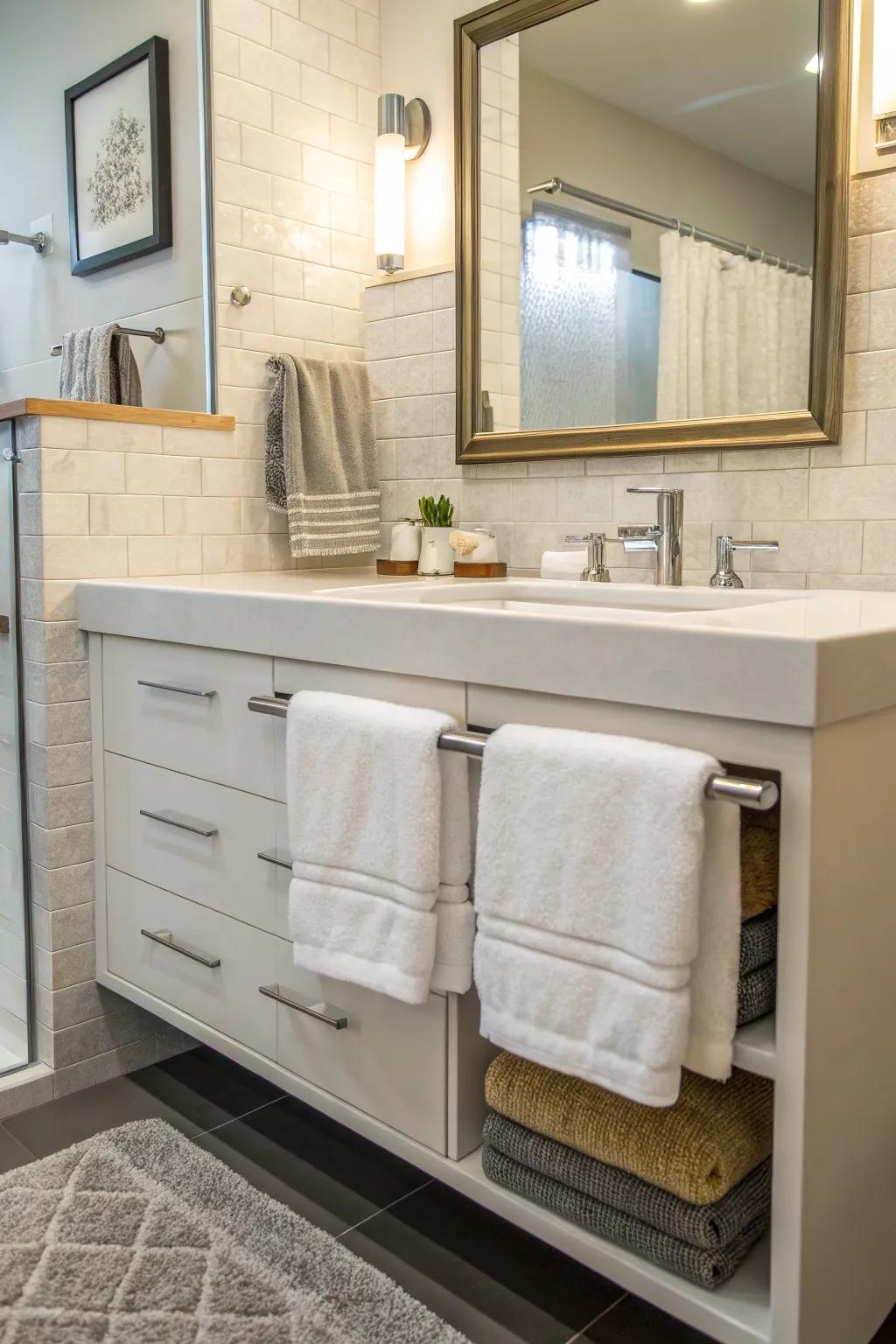 Optimize area using a towel rod implemented below the sink.