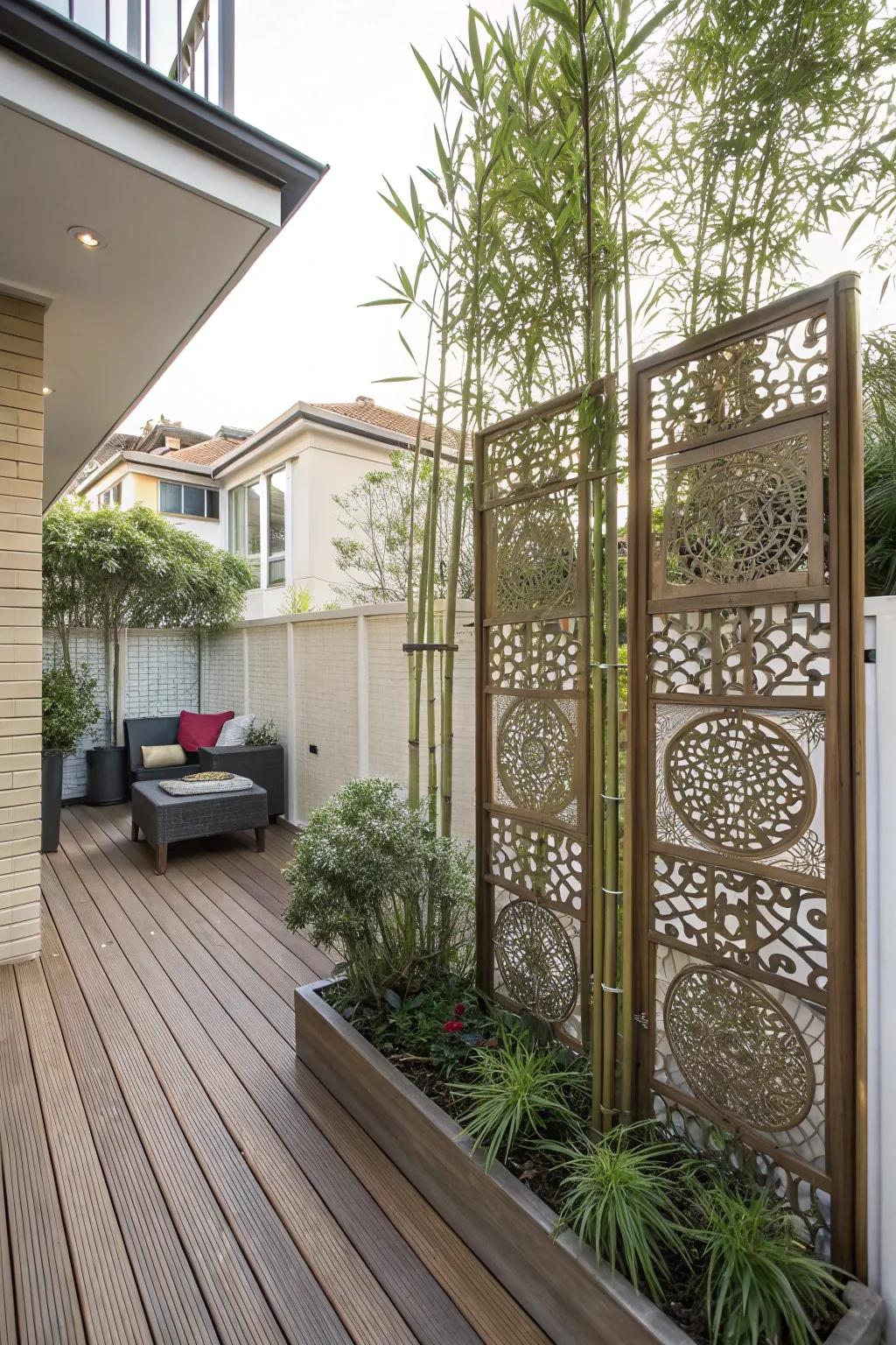 Develop a private retreat with fashionable screens and tall plants.