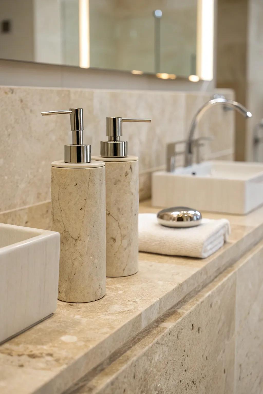 A travertine bathroom showcasing minimalist fixtures in polished metal.
