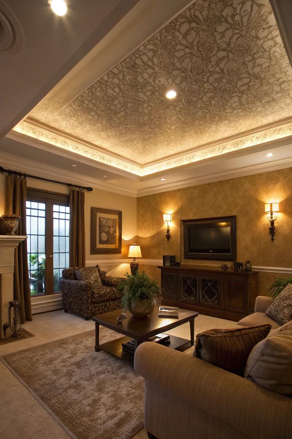 A living room with a tray ceiling featuring varying shades and textures.