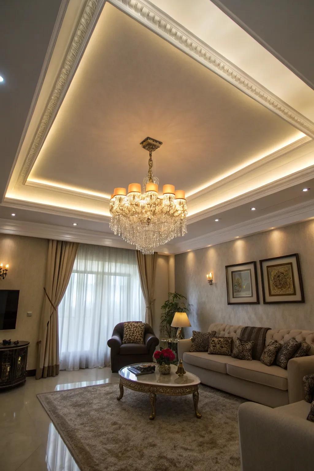 A living room showcasing a dramatic dual tray ceiling with layered lighting.