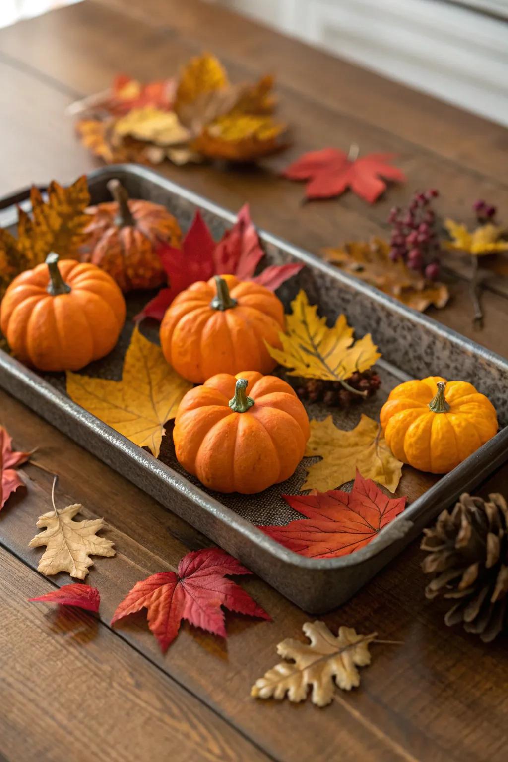 A fall-themed tray decorated with miniature gourds and autumn leaves.