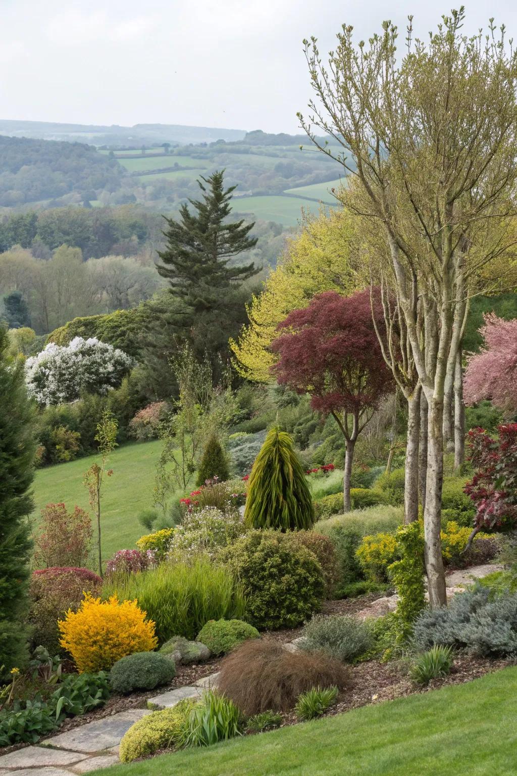 Add diversity with mixed tree species along garden borders.