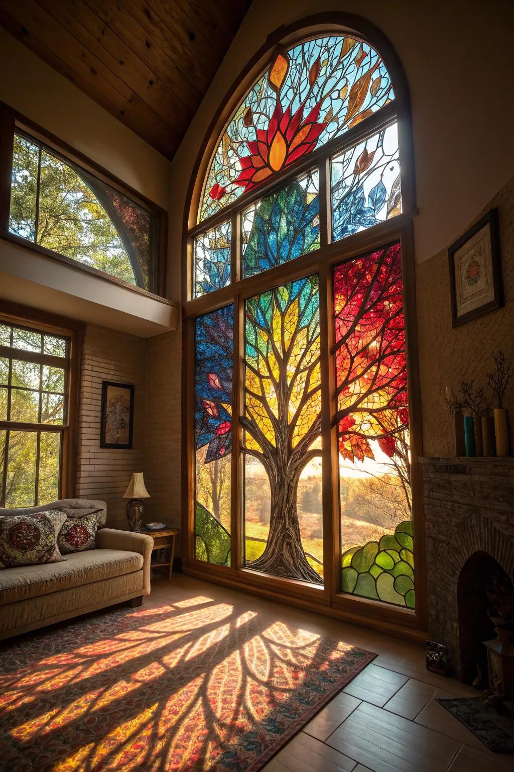 Colorful stained glass Arbor Vitae window fills a room with light.