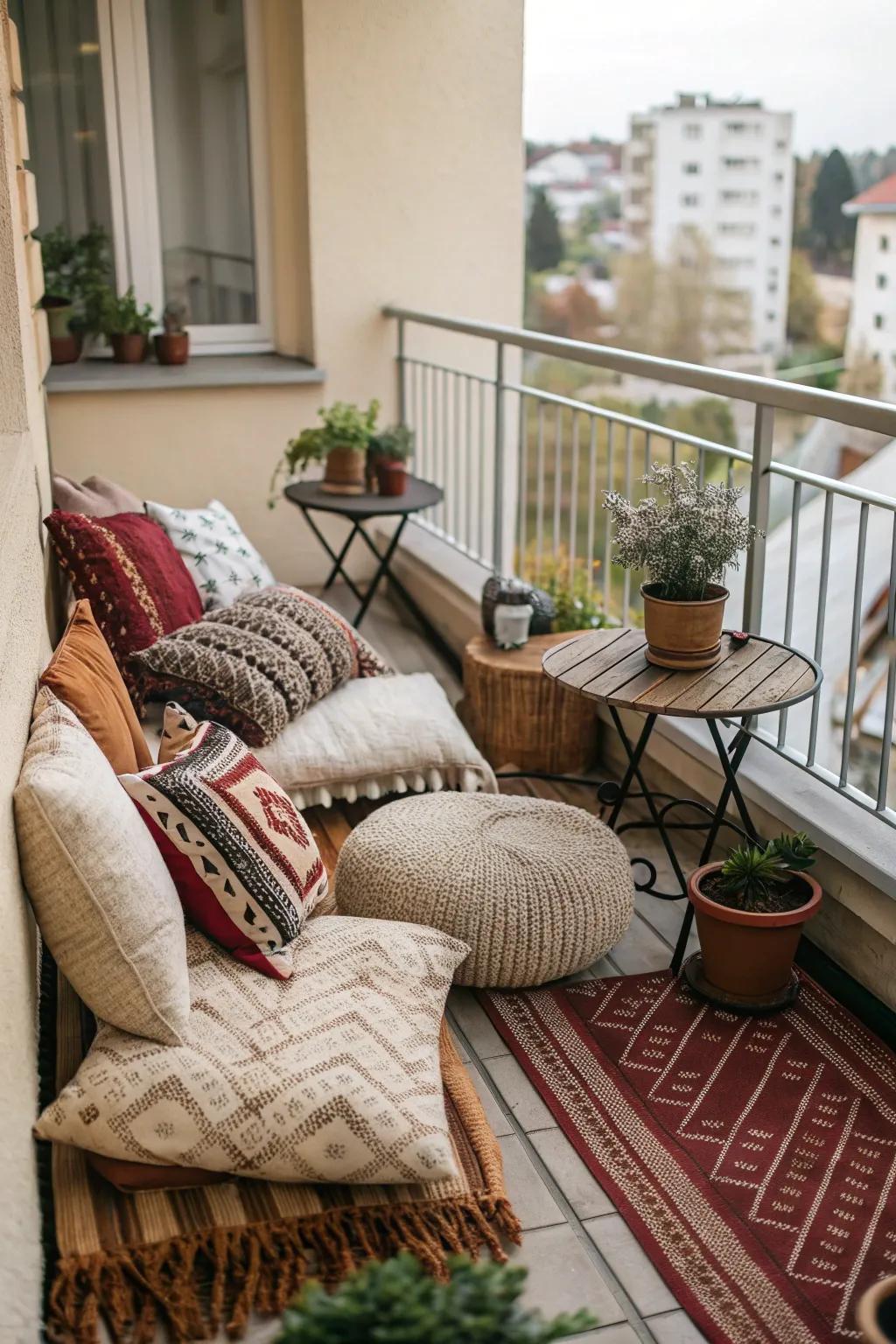 Integrate diverse textures to impart dimension and interest to your balcony.