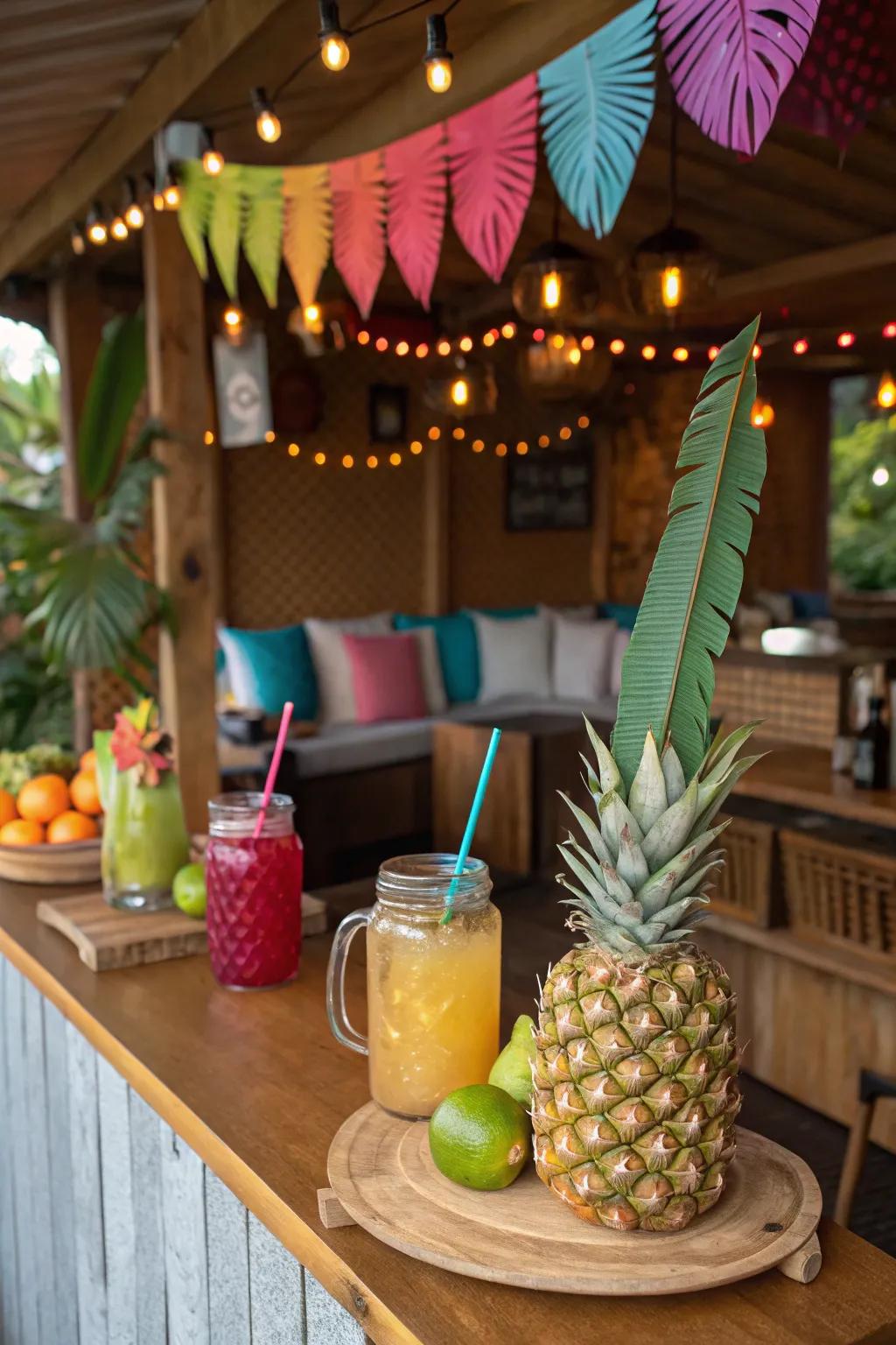 An exotic cocktail area introduces a refreshing element.