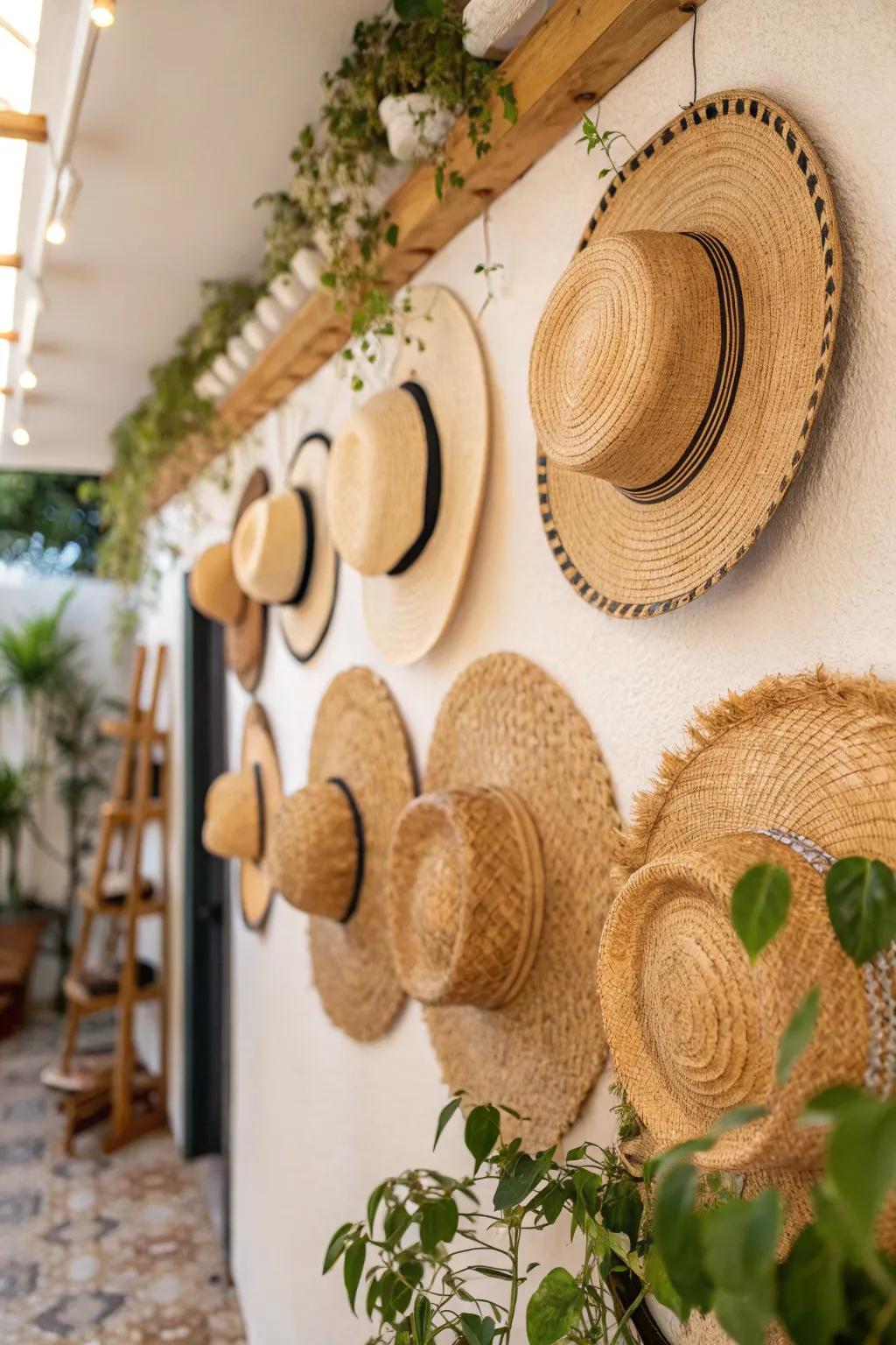 Straw hats bring a relaxed, tropical feel to walls.