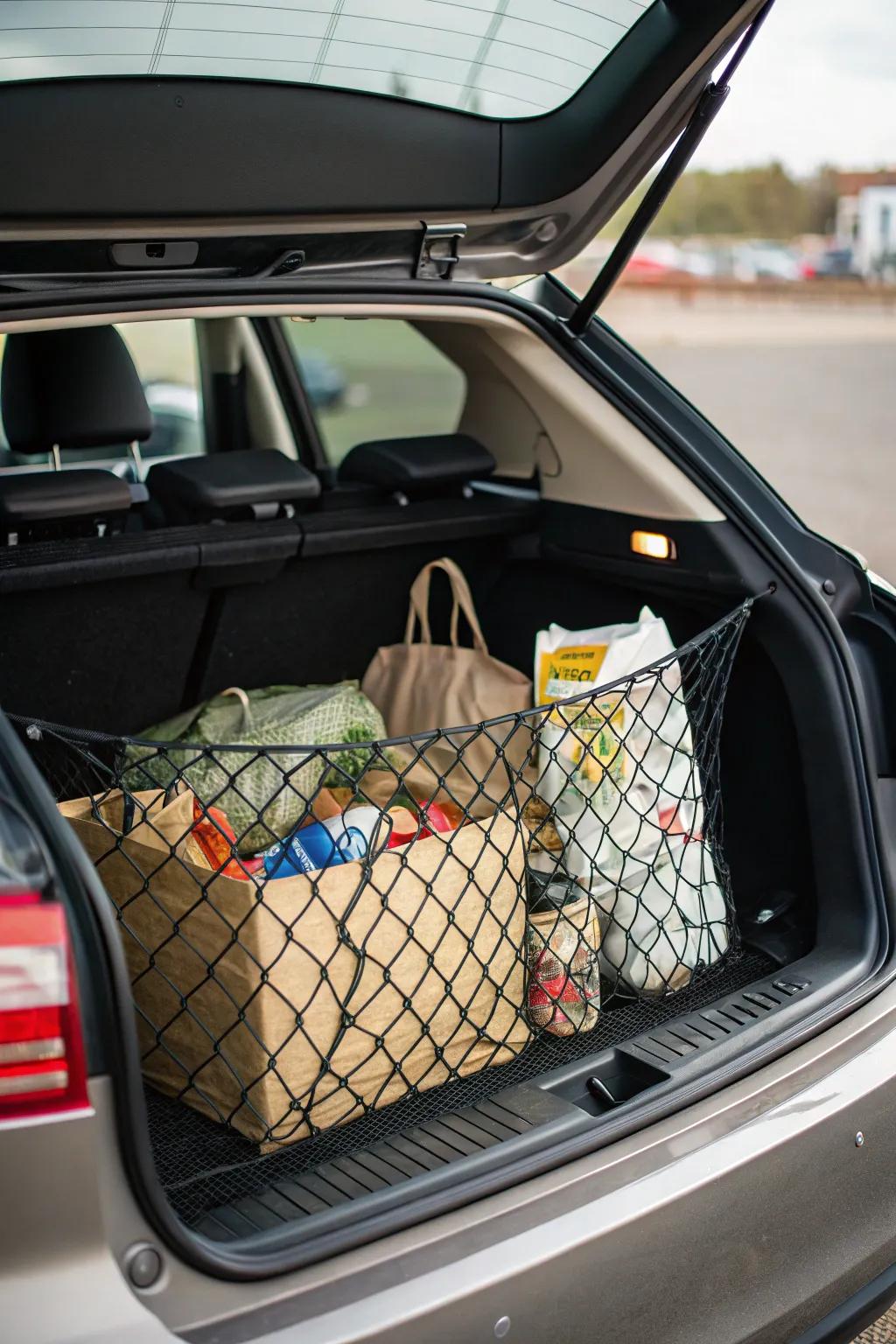 Load securing net keeping groceries and small items secure in the trunk.