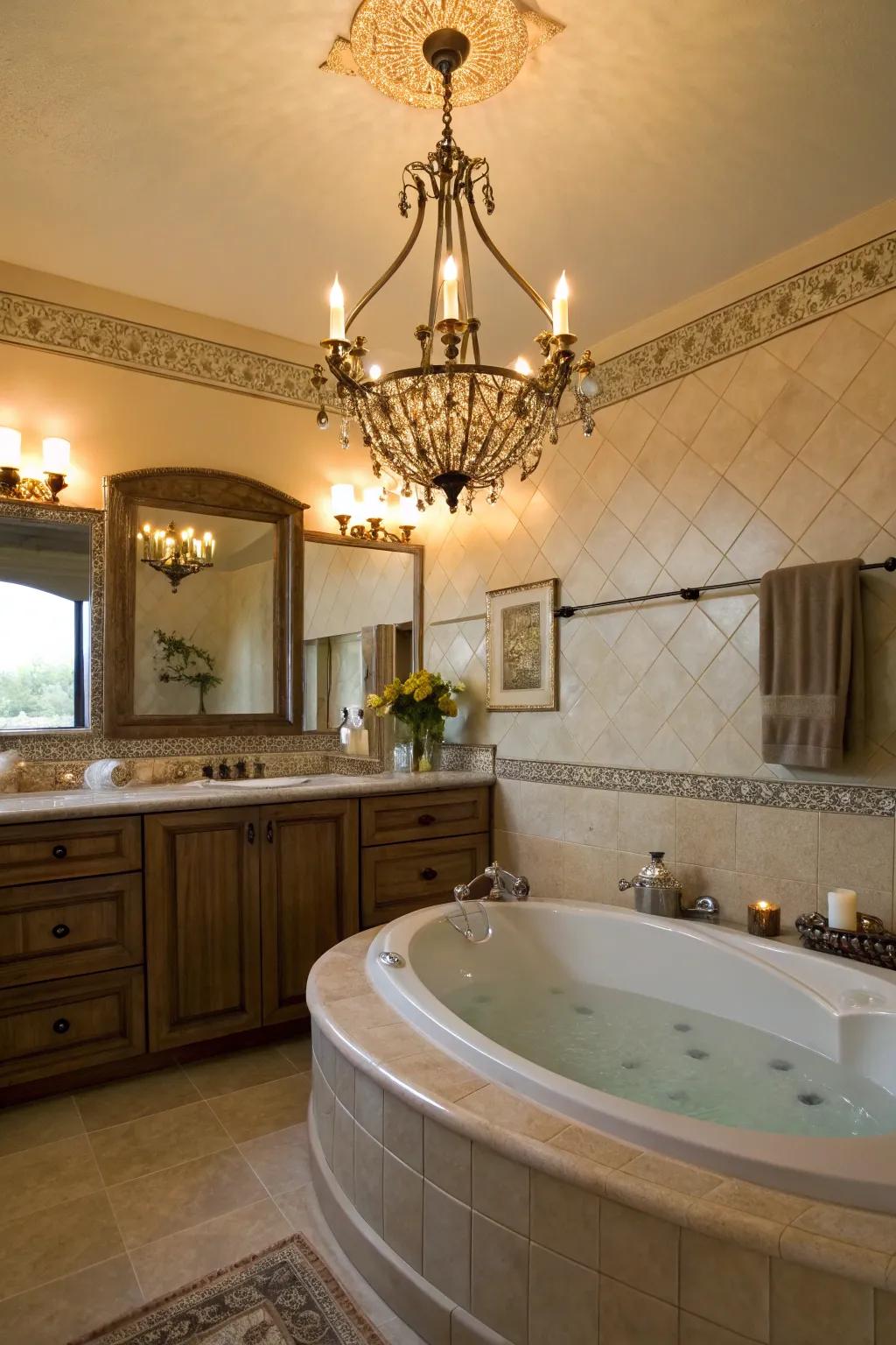 A tub deck elegantly illuminated by a sophisticated chandelier.