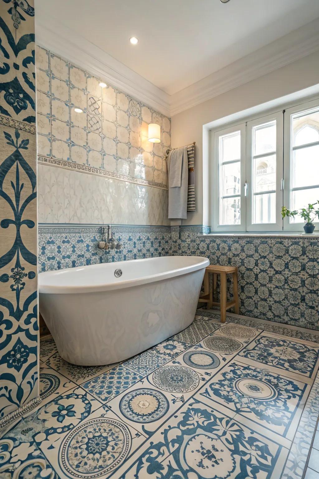 Intricate tile inlays bring character and texture to the tub area.