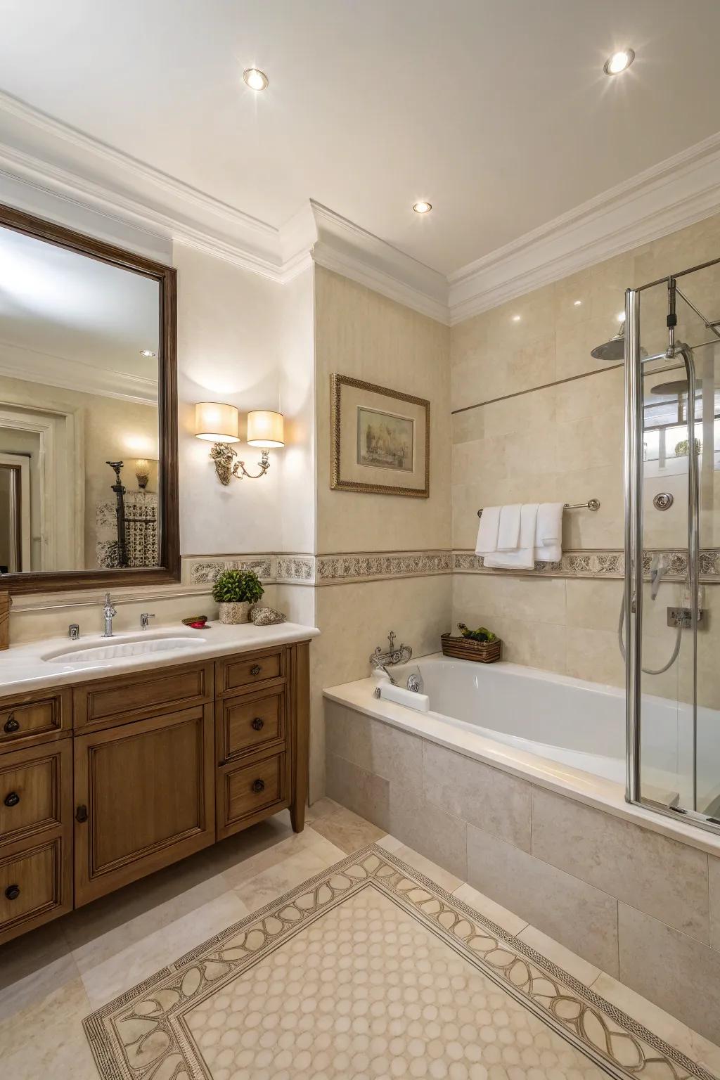 A neutral color palette creates a serene and luxurious bathroom atmosphere.