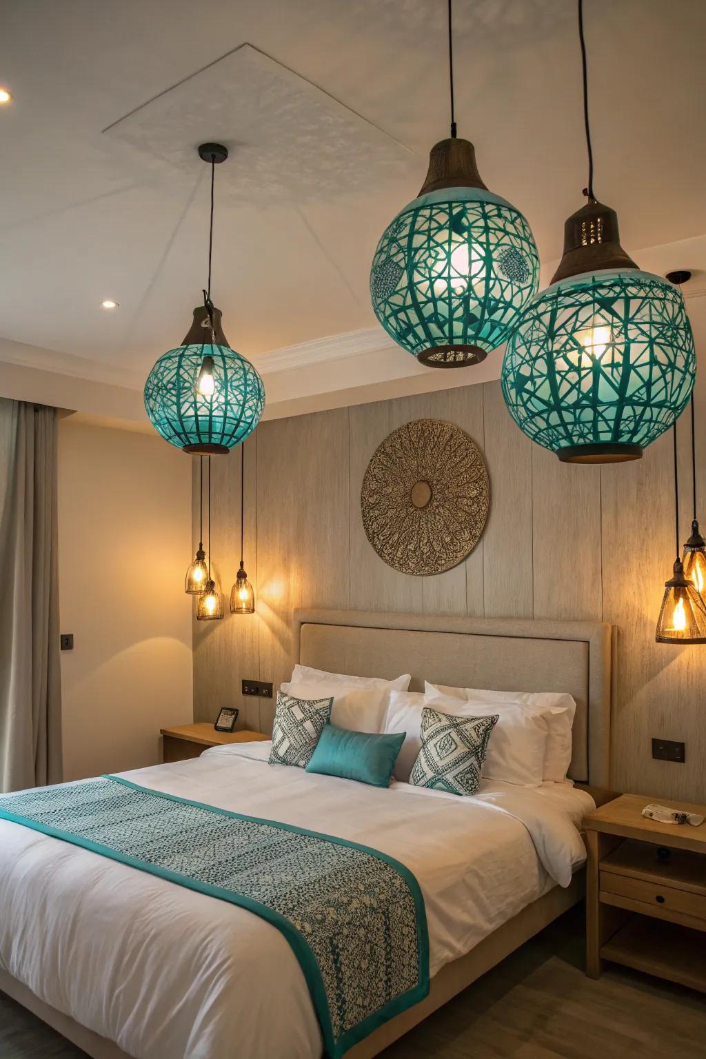 Turquoise lights provide a warm and welcoming radiance to this area.