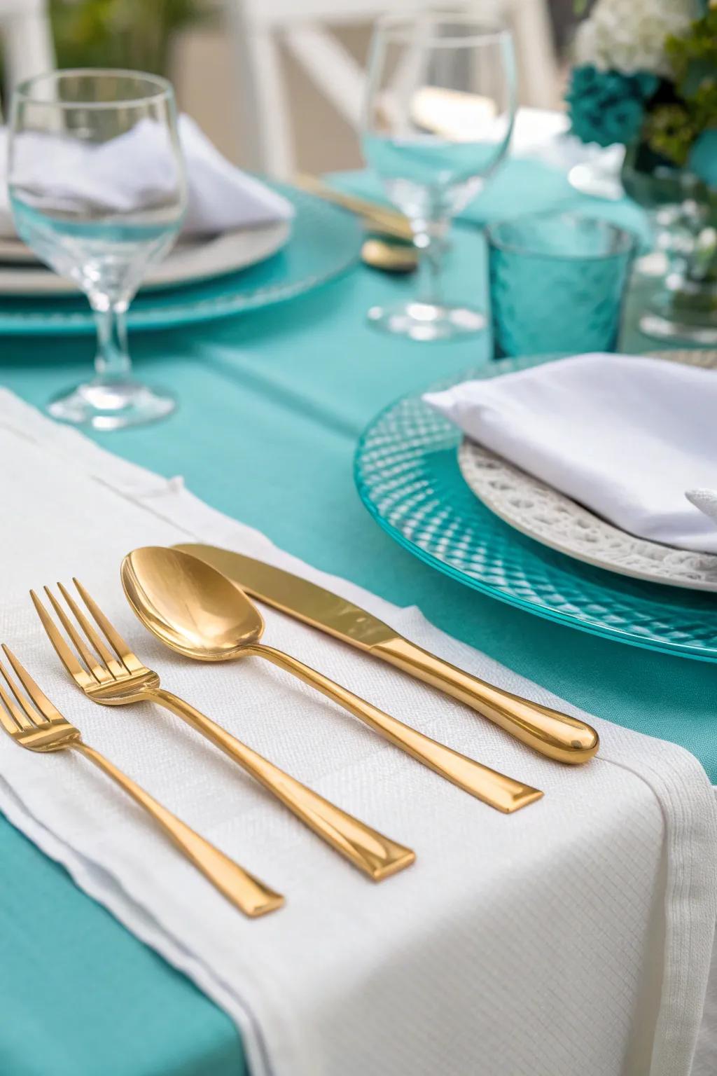 Gilded cutlery lends a luxurious element to the cerulean theme.