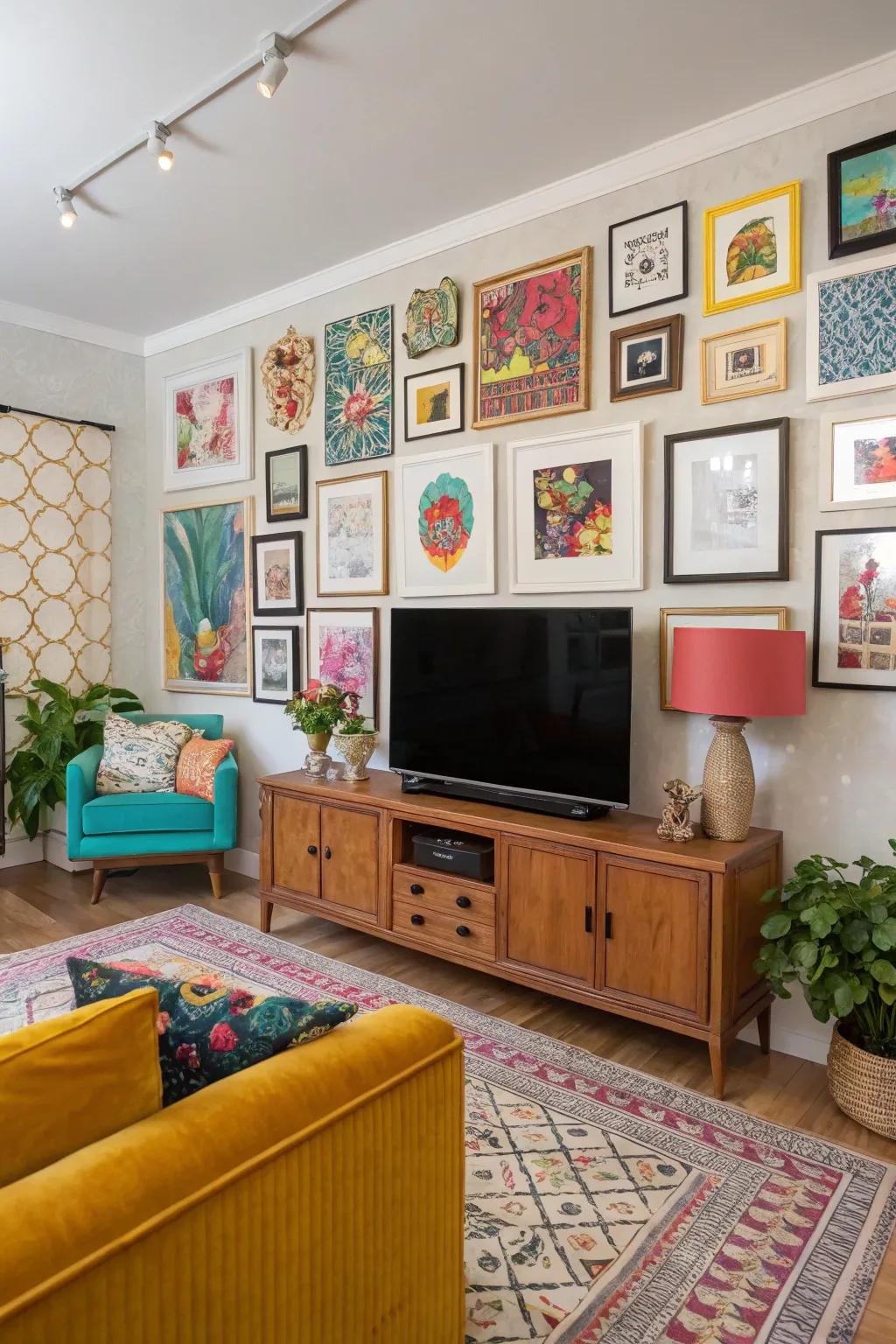 Maximalist elegance on a vibrant television gallery wall.